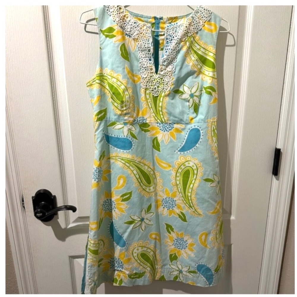 Lilly Pulitzer Vintage Blue Green Yellow Sunflower Paisley Shift Dress